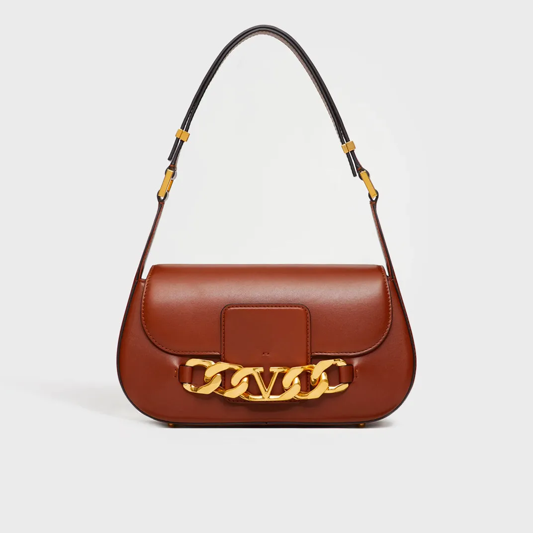 Medium V-Logo Chain Leather Shoulder Bag in Brown