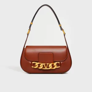 Medium V-Logo Chain Leather Shoulder Bag in Brown