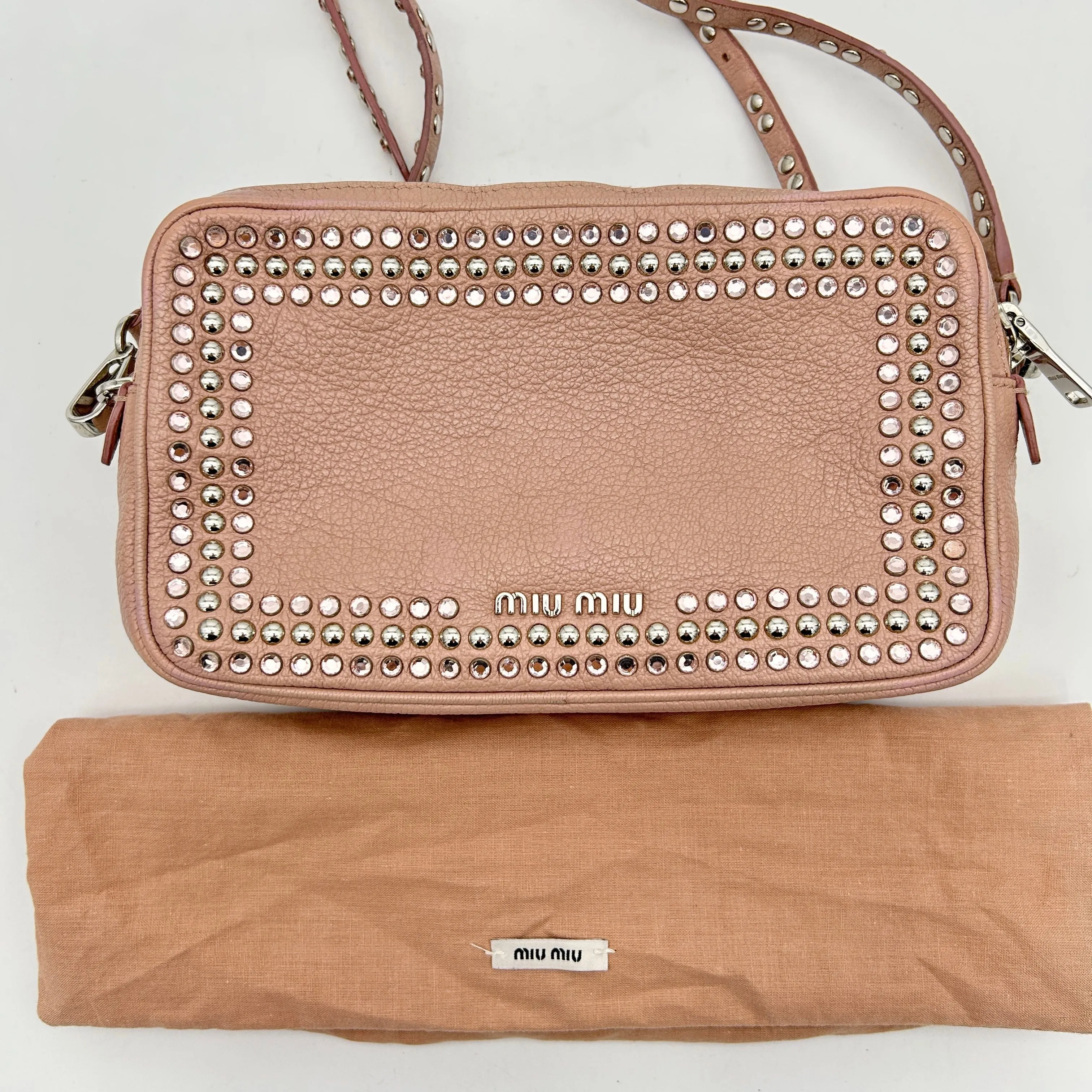 Miu MIU Bag Pink x Silver Leather Rhinestone Metal Material Shoulder D LA15039