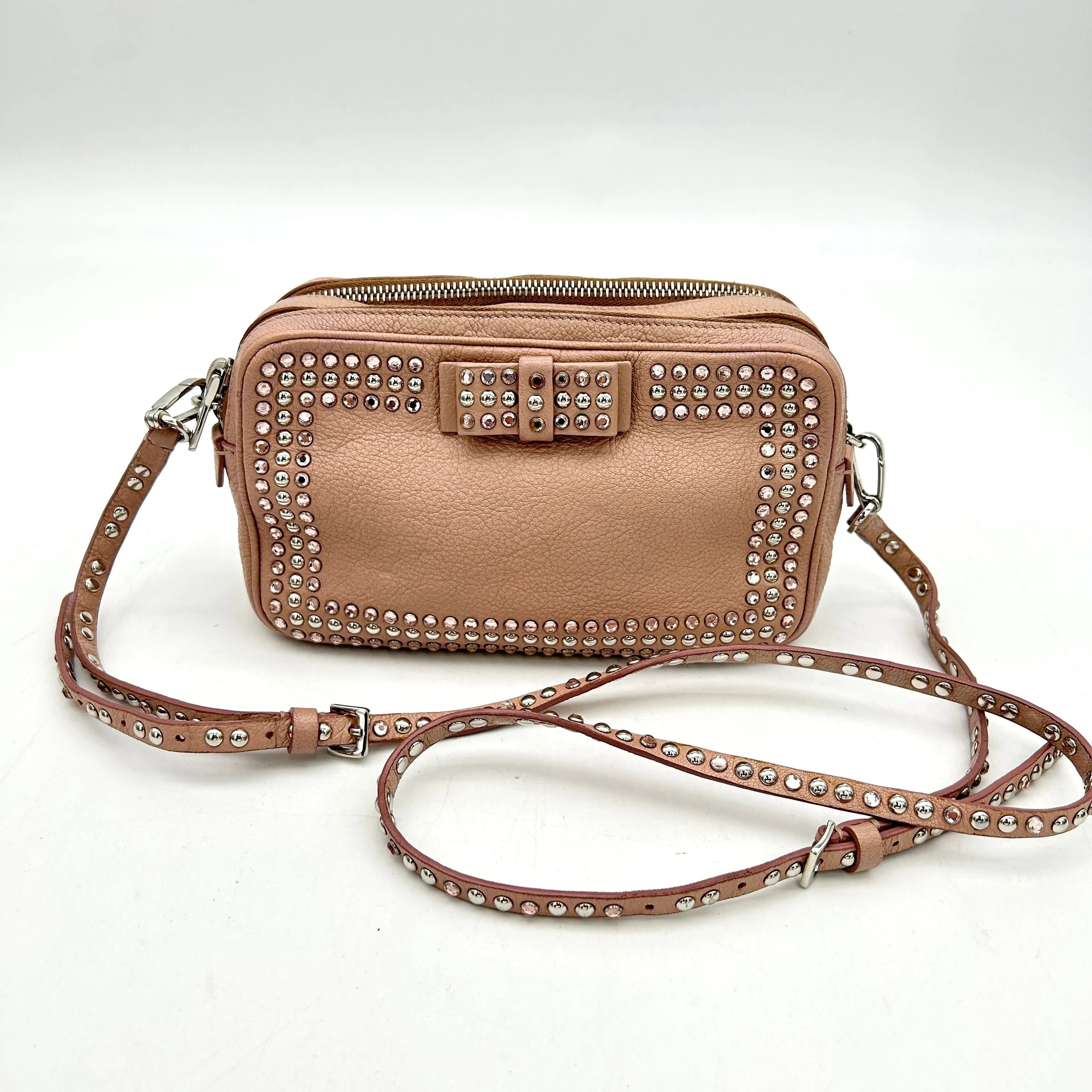 Miu MIU Bag Pink x Silver Leather Rhinestone Metal Material Shoulder D LA15039