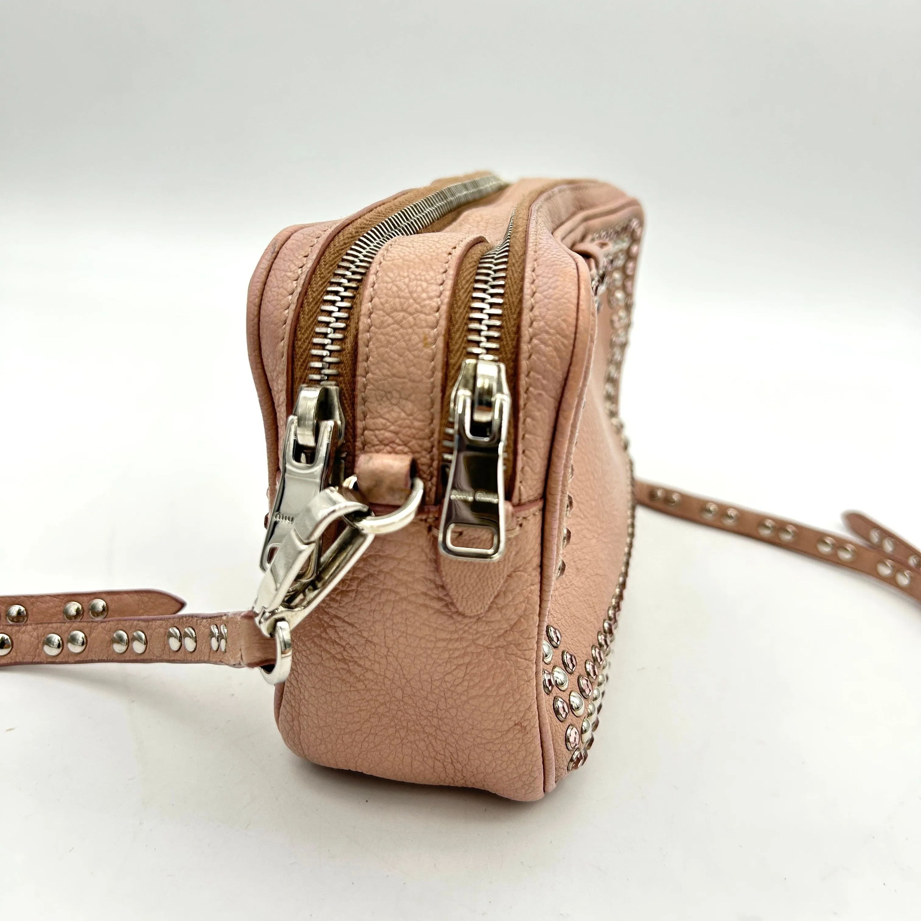 Miu MIU Bag Pink x Silver Leather Rhinestone Metal Material Shoulder D LA15039