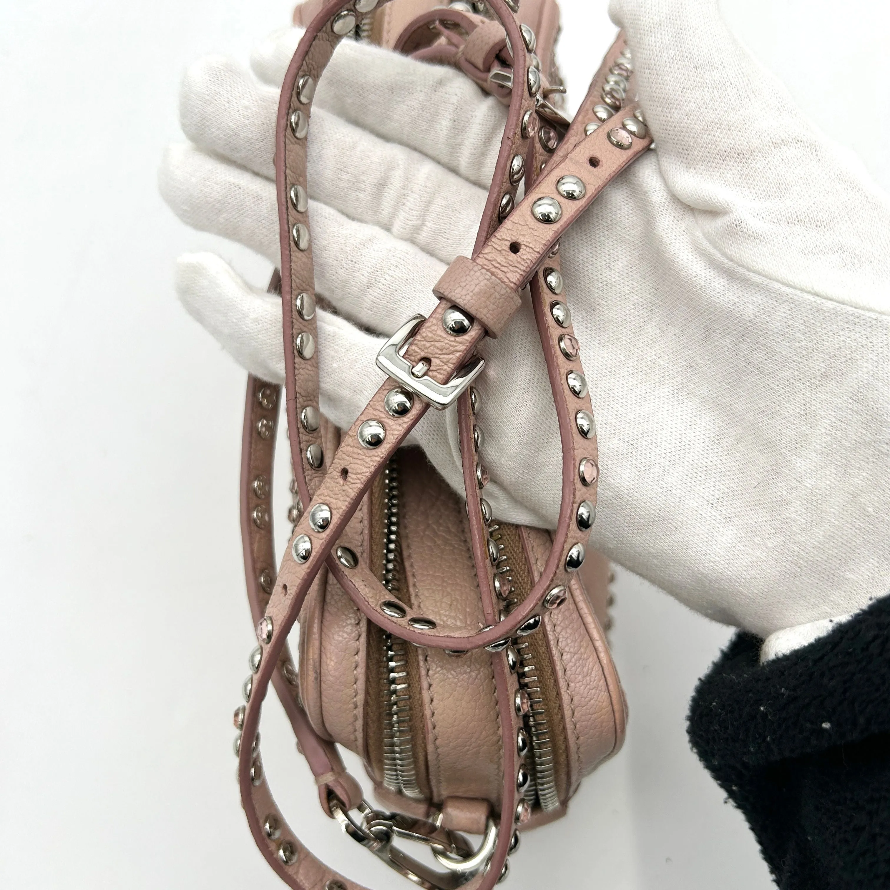 Miu MIU Bag Pink x Silver Leather Rhinestone Metal Material Shoulder D LA15039
