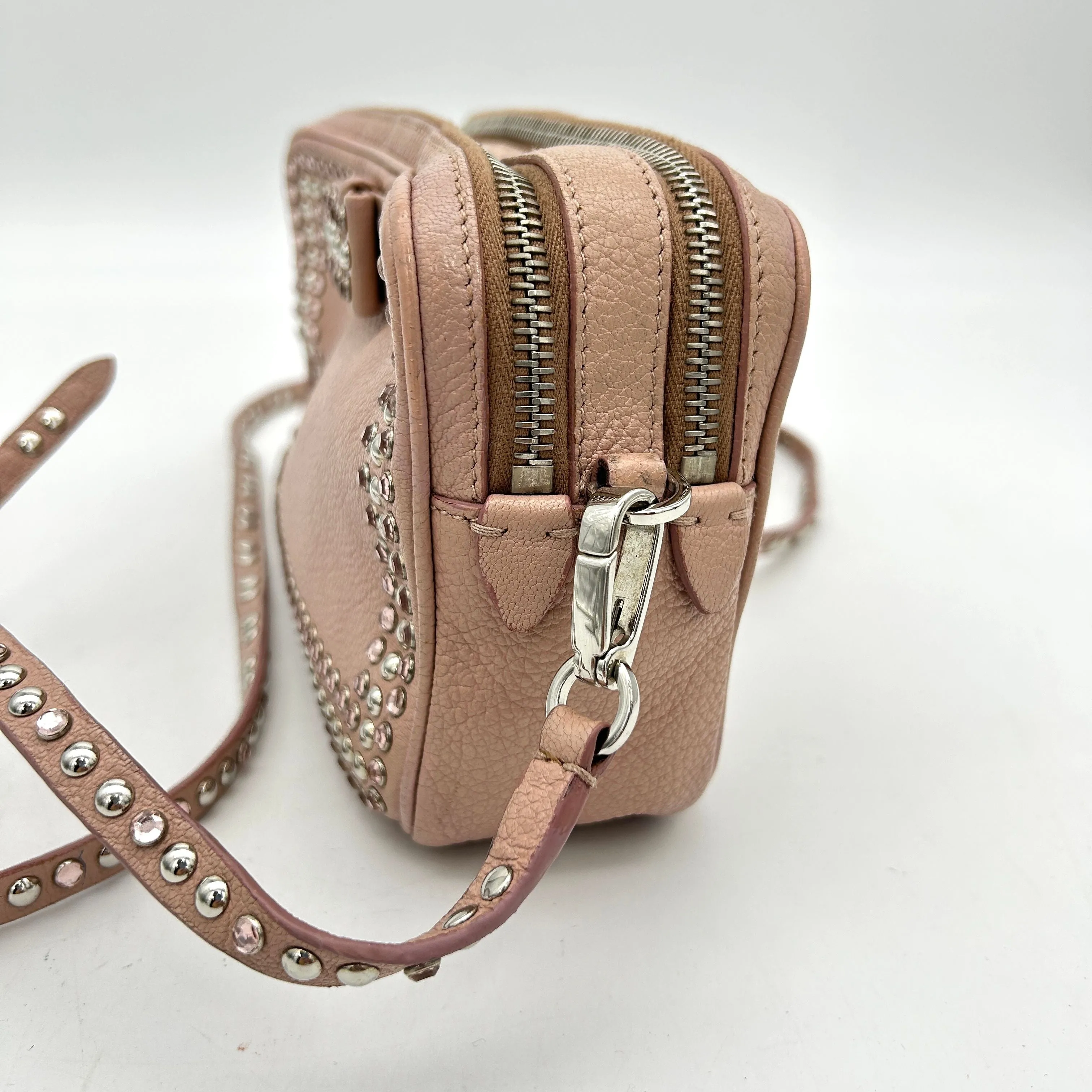 Miu MIU Bag Pink x Silver Leather Rhinestone Metal Material Shoulder D LA15039