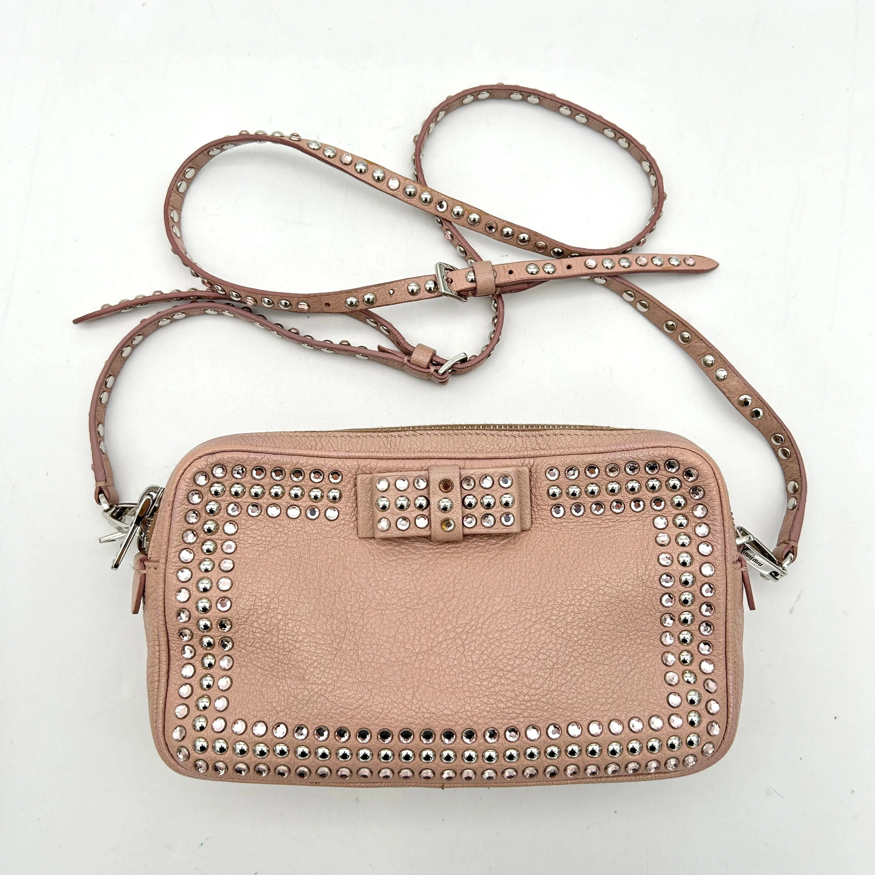 Miu MIU Bag Pink x Silver Leather Rhinestone Metal Material Shoulder D LA15039