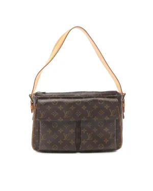 Monogram Canvas Shoulder Bag with Vachetta Leather Trim and Front Flap Pockets