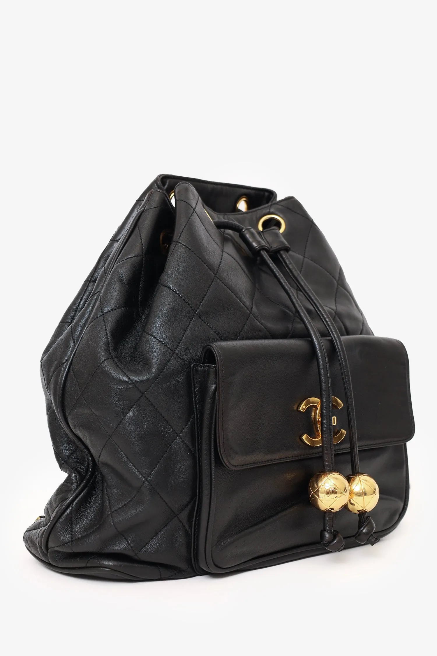 Pre-Loved Chanel Black Quilted Lambskin Drawstring Backpack