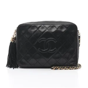 Pre-loved CHANEL Matelasse Chain Shoulder Bag Black Lambskin Gold Hardware Tassel Vintage
