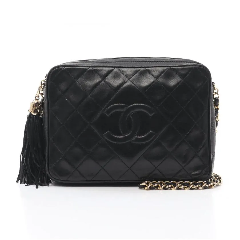 Pre-loved CHANEL Matelasse Chain Shoulder Bag Black Lambskin Gold Hardware Tassel Vintage