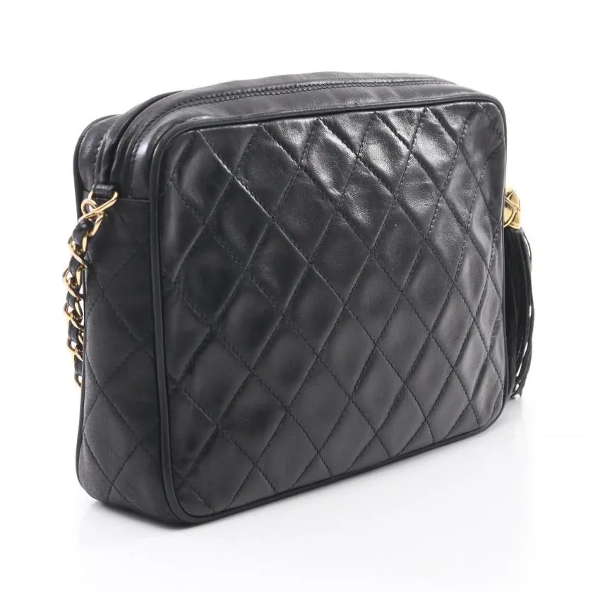 Pre-loved CHANEL Matelasse Chain Shoulder Bag Black Lambskin Gold Hardware Tassel Vintage
