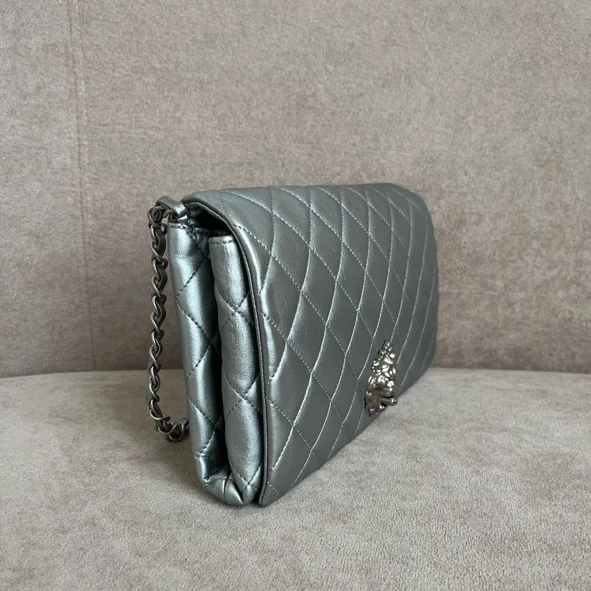 Preloved Chanel Lion Motif Quilted Shoulder Bag in Silver Leather