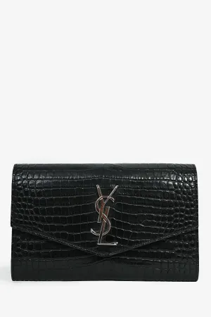 Saint Laurent 2020 Black Croc Embossed Envelope Wallet On Chain with Card Holder