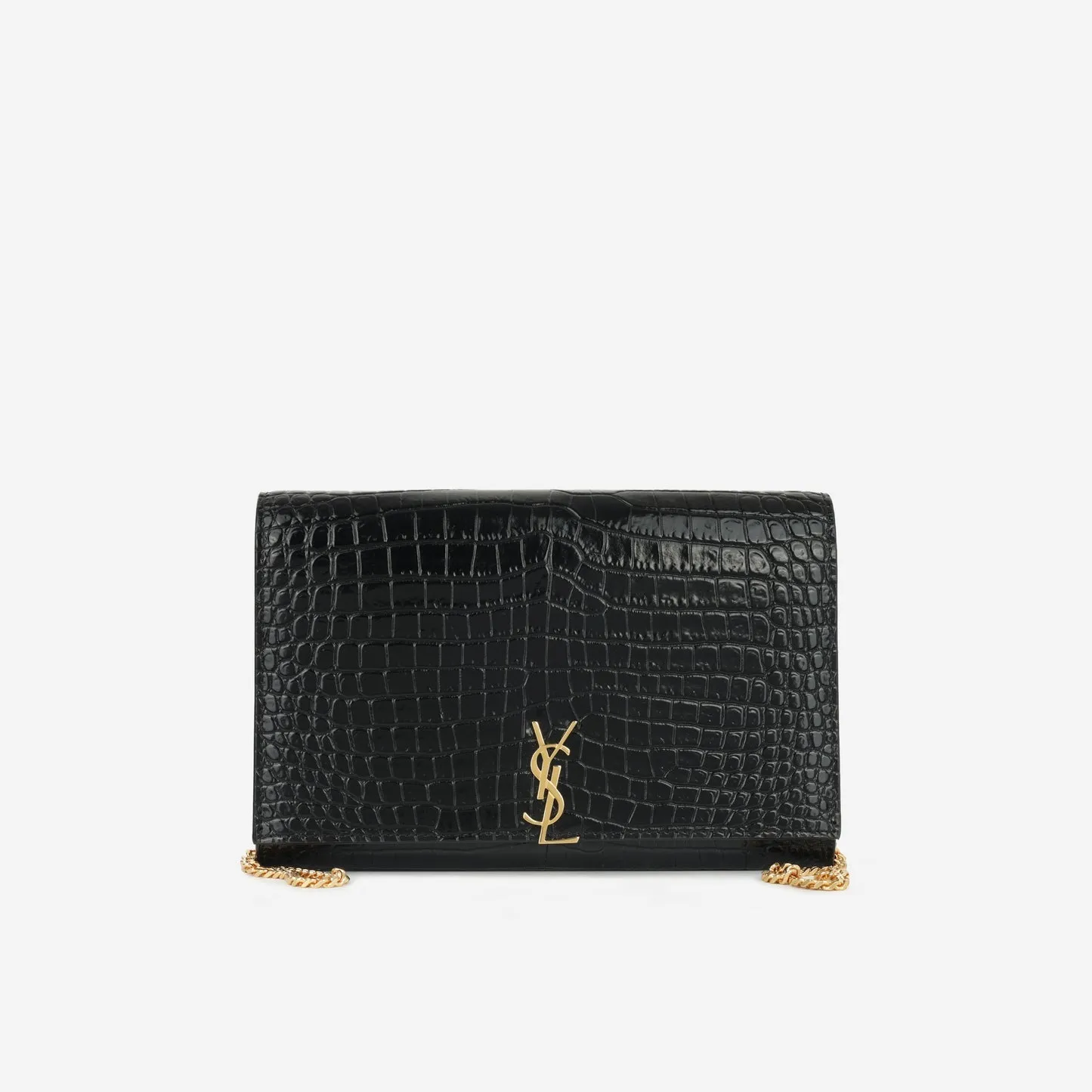 Saint Laurent - Cassandre Clutch on Chain - Black Croc Embossed Leather GHW - Pre-Loved