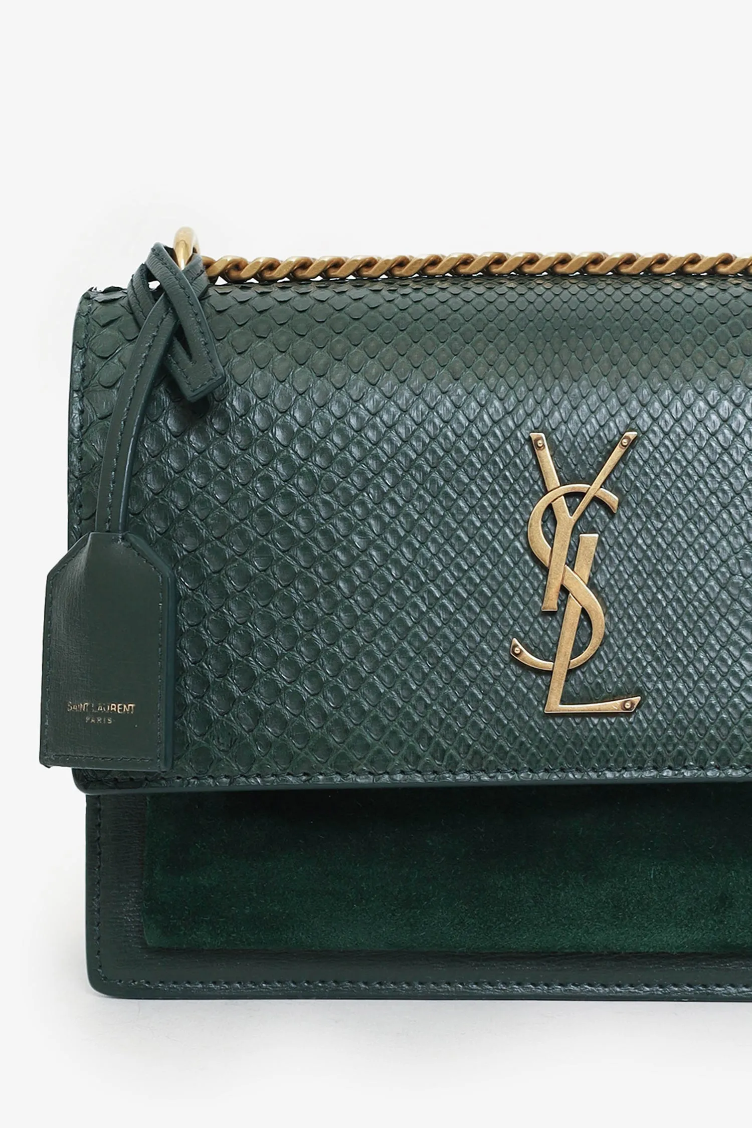 Saint Laurent Green Python-Effect Embossed Medium Sunset Shoulder Bag