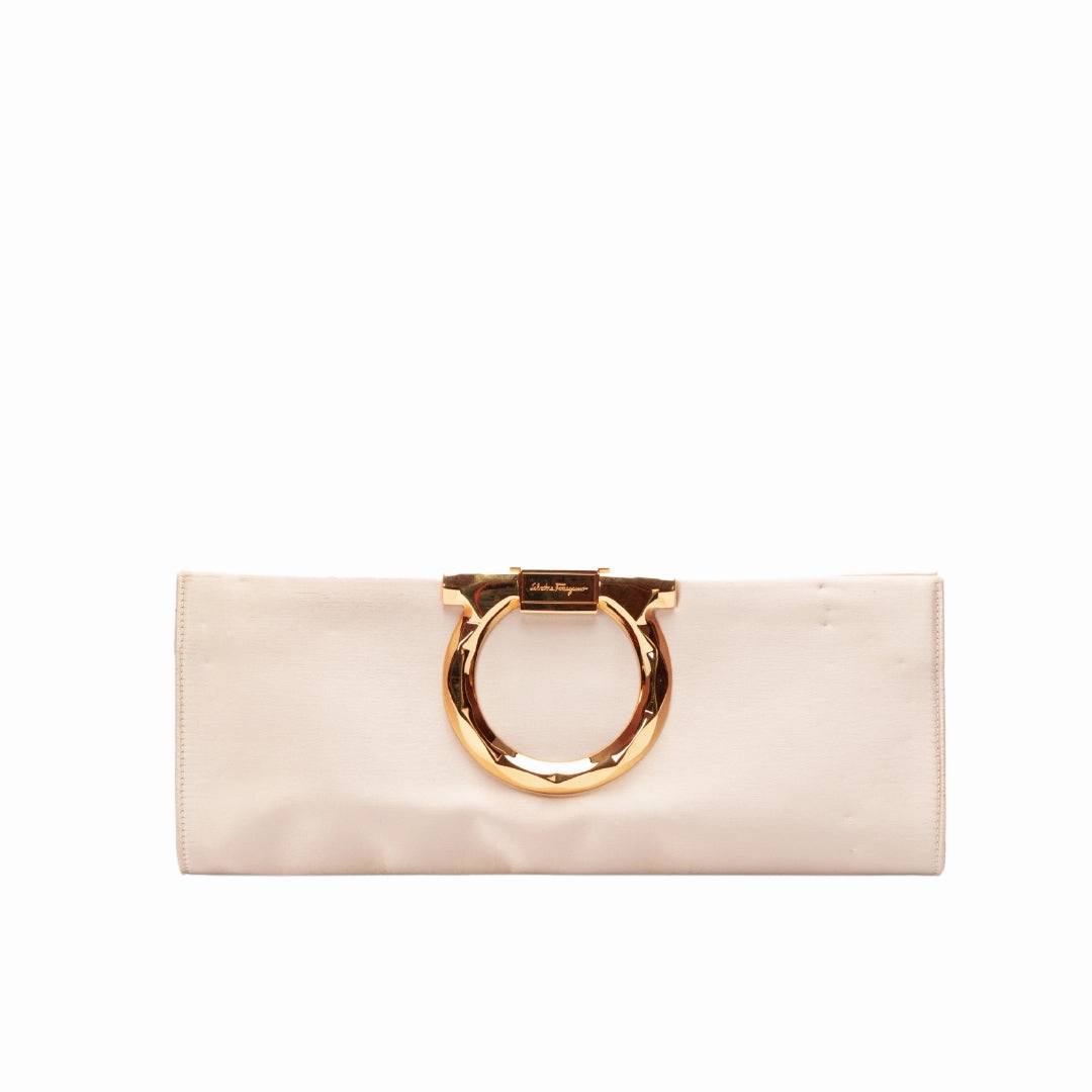 Salvatore Ferragamo Beige Satin Musa Gancini Clutch