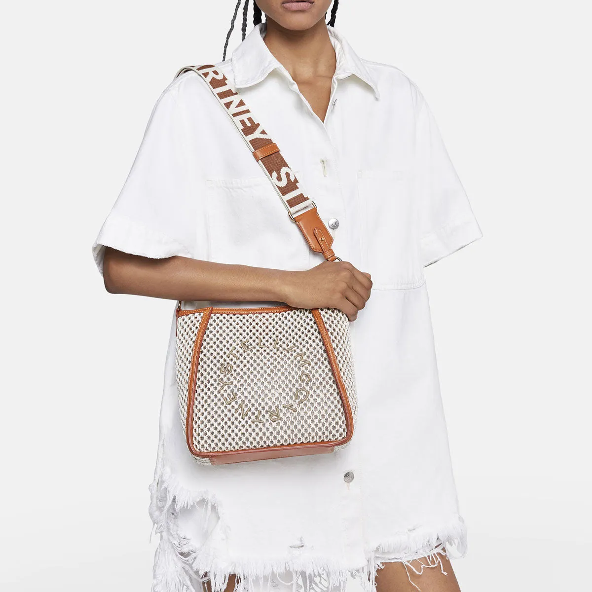 Stella Logo Mini Crossbody Hobo Bag Rope Mesh, Ivory/Beige