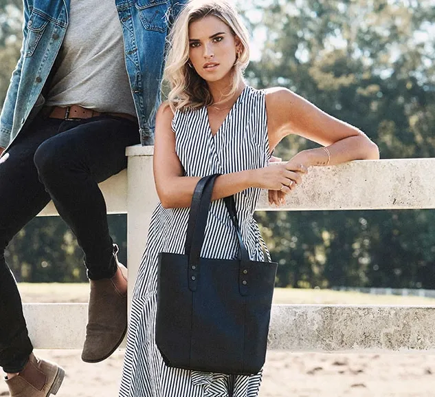STITCH & HIDE LEATHER EMMA LAPTOP TOTE BAG BLACK - FREE WALLET POUCH