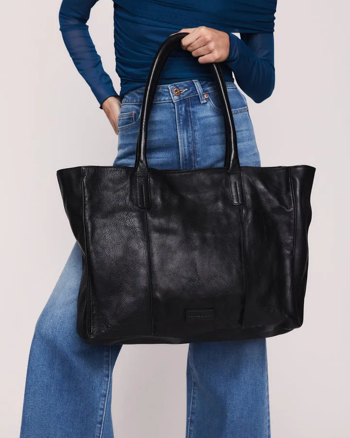 STITCH & HIDE WASHED LEATHER LONDON TOTE BLACK - FREE WALLET POUCH