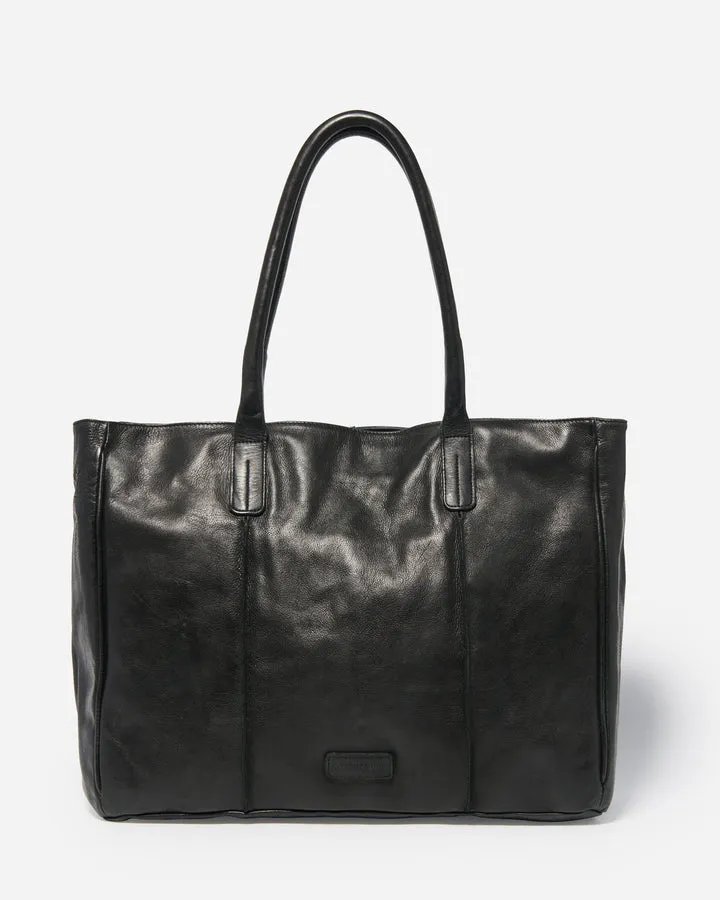 STITCH & HIDE WASHED LEATHER LONDON TOTE BLACK - FREE WALLET POUCH