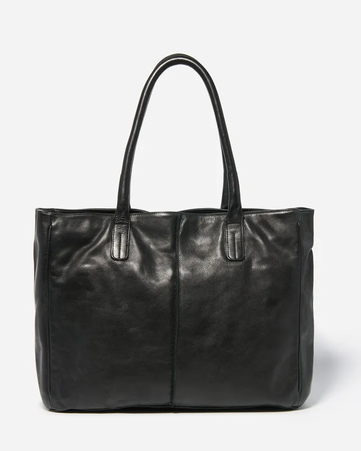 STITCH & HIDE WASHED LEATHER LONDON TOTE BLACK - FREE WALLET POUCH
