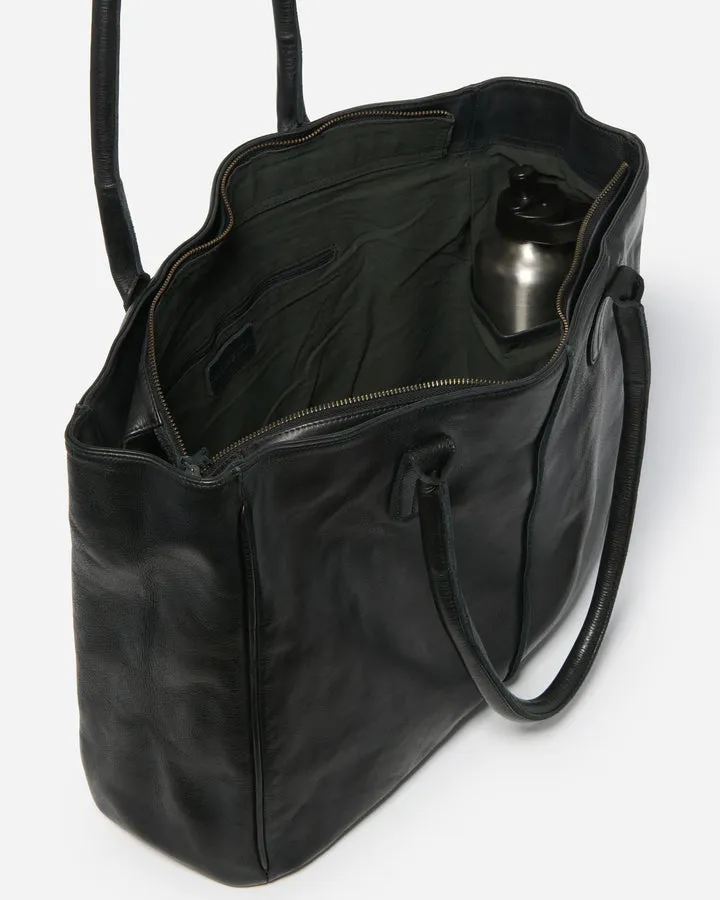 STITCH & HIDE WASHED LEATHER LONDON TOTE BLACK - FREE WALLET POUCH