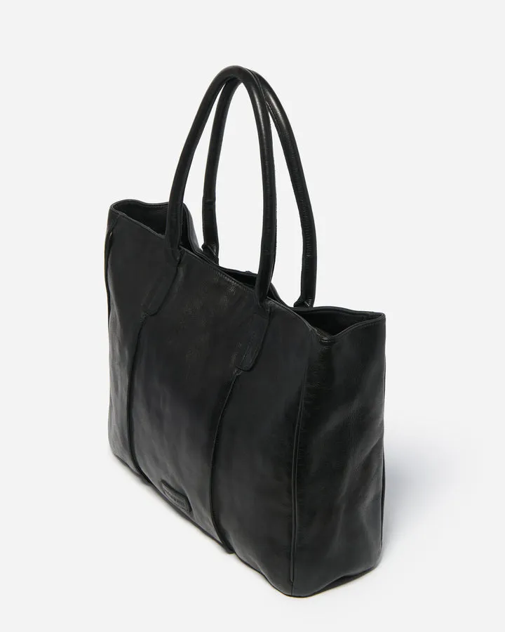 STITCH & HIDE WASHED LEATHER LONDON TOTE BLACK - FREE WALLET POUCH