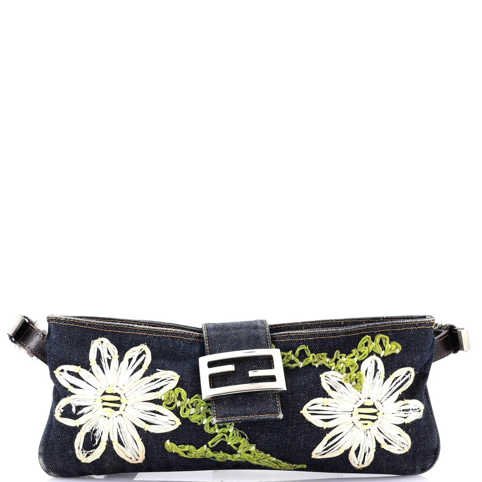 Vintage Baguette Shoulder Bag Embellished Denim Medium