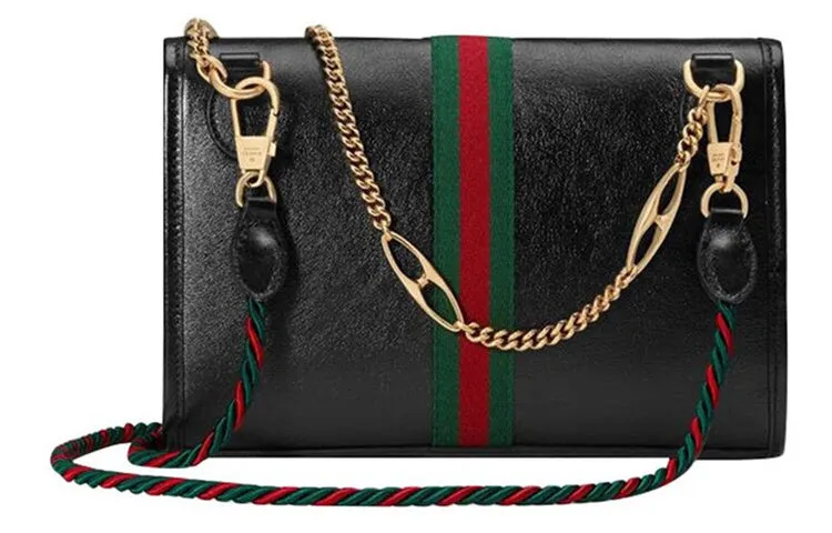 (WMNS) GUCCI Rajah Enamel Tiger Head Stripe Webbing Leather Chain Shoulder Messenger Bag Black Retro 564697-0OLKX-8389