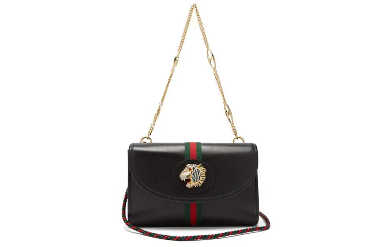 (WMNS) GUCCI Rajah Enamel Tiger Head Stripe Webbing Leather Chain Shoulder Messenger Bag Black Retro 564697-0OLKX-8389