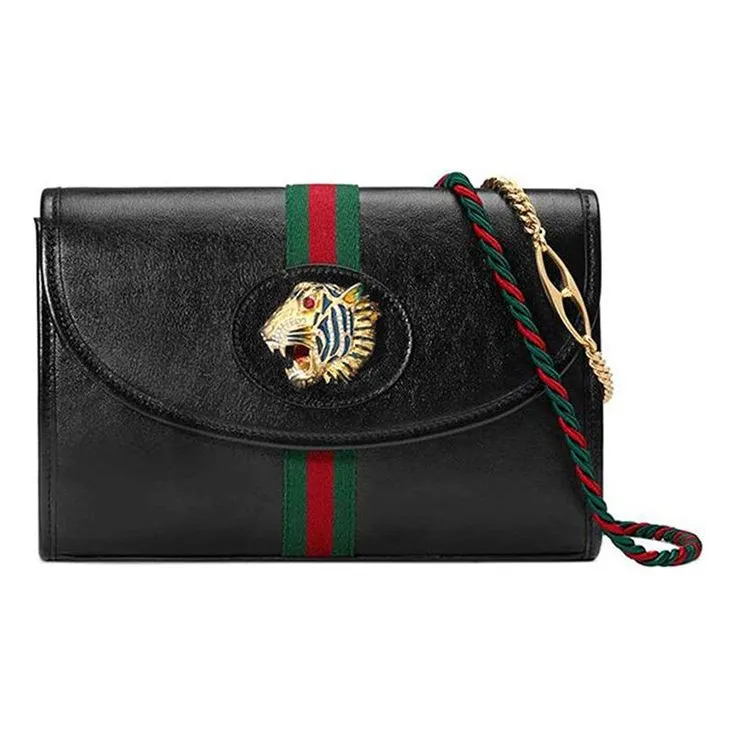 (WMNS) GUCCI Rajah Enamel Tiger Head Stripe Webbing Leather Chain Shoulder Messenger Bag Black Retro 564697-0OLKX-8389