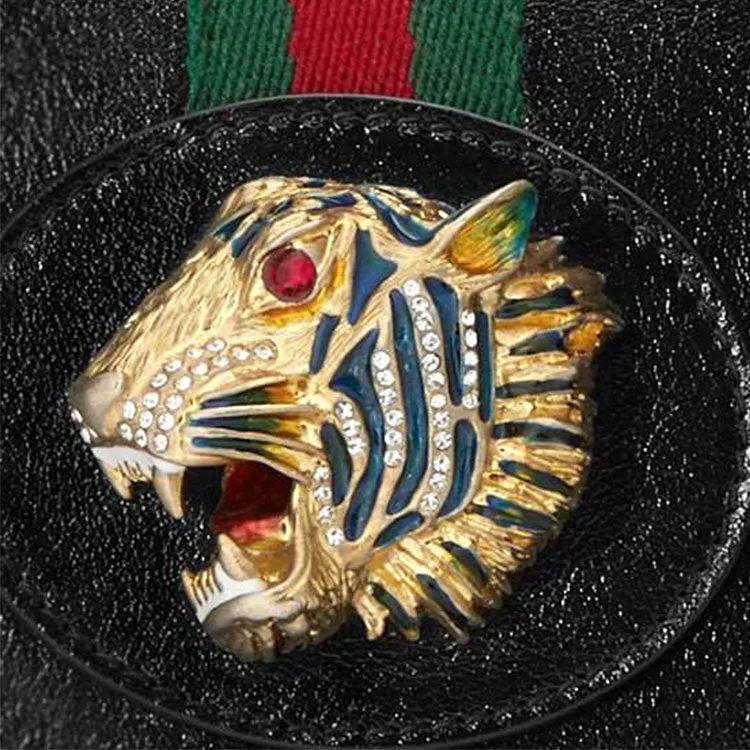 (WMNS) GUCCI Rajah Enamel Tiger Head Stripe Webbing Leather Chain Shoulder Messenger Bag Black Retro 564697-0OLKX-8389
