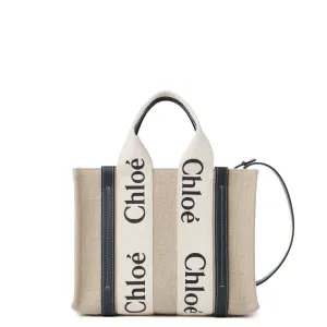 Woody Tote Small Strap Linen, White/Blue