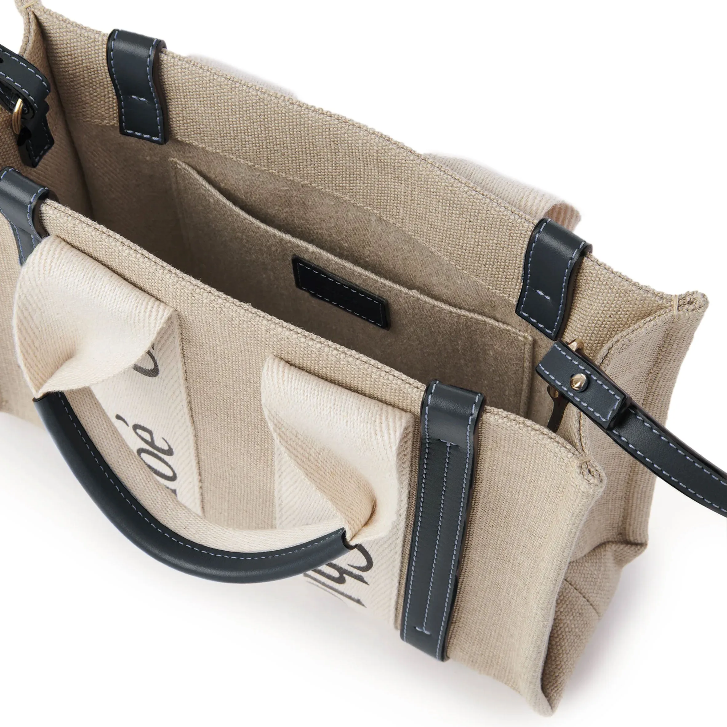 Woody Tote Small Strap Linen, White/Blue