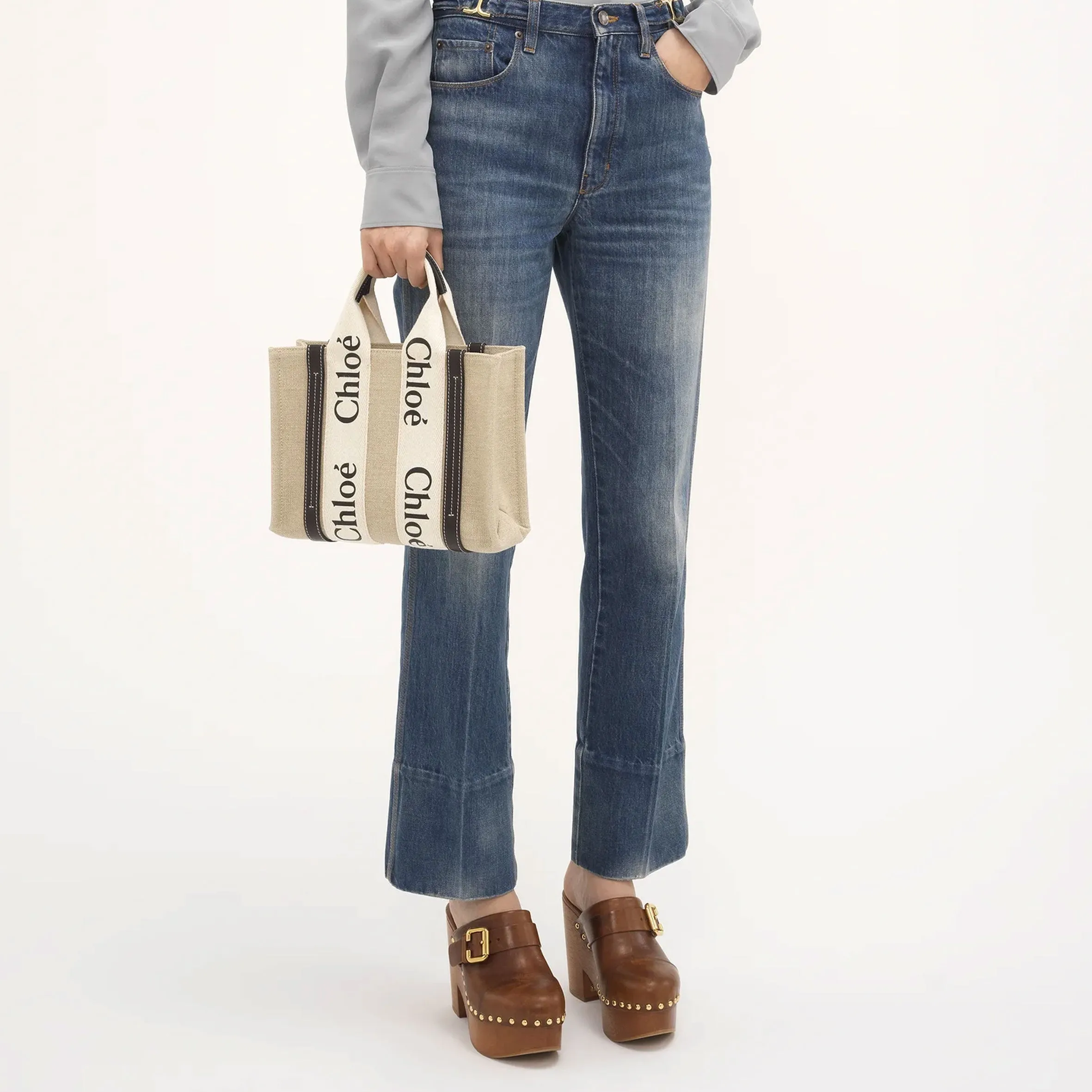 Woody Tote Small Strap Linen, White/Blue