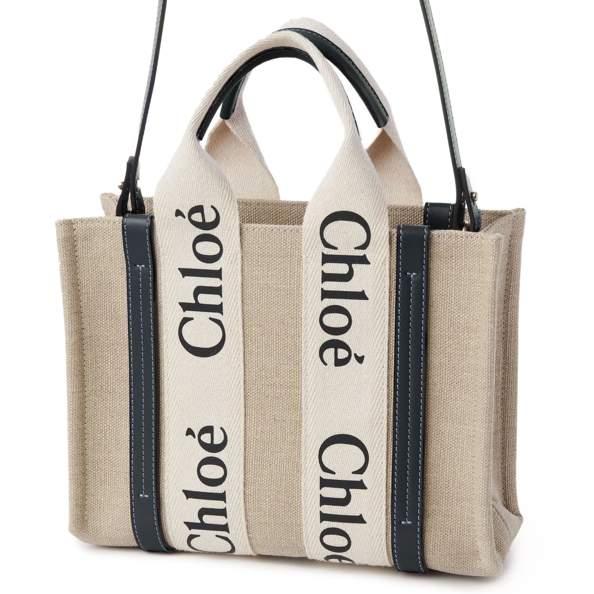 Woody Tote Small Strap Linen, White/Blue